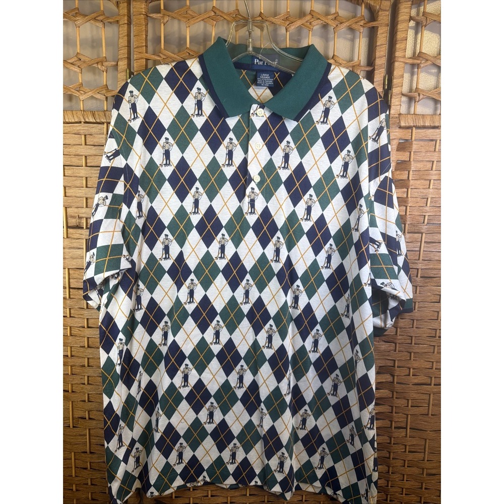 VTG Par Four Short Sleeve Golf Polo Shirt SZ Lg Argyle Print Golfer
